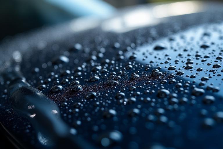 Effet hydrophobe d'une protection céramique sur une carrosserie noire.